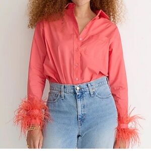 J. Crew Collection top Feather Cuff Trim Cotton Poplin Button Up Down Blouse